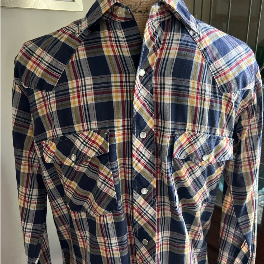Vintage 70s Men's Plaid Pearl Snap Shirt Size 38 Blue Yellow Americana 38 Unisex - Picture 6 of 17